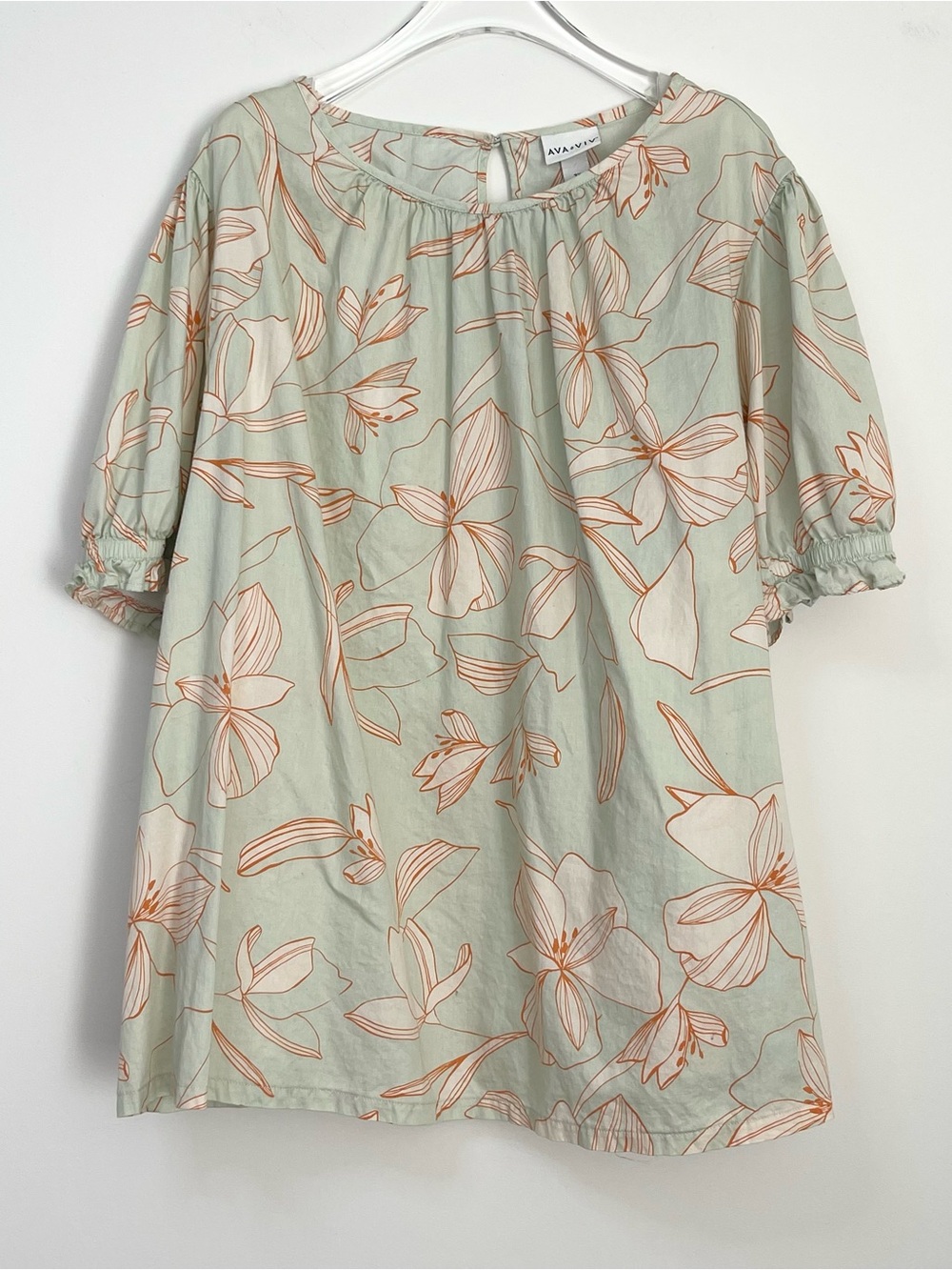 Ava & Viv Floral Print Round Gathered Neckline Puffed Short Sleeves Blouse 3X
